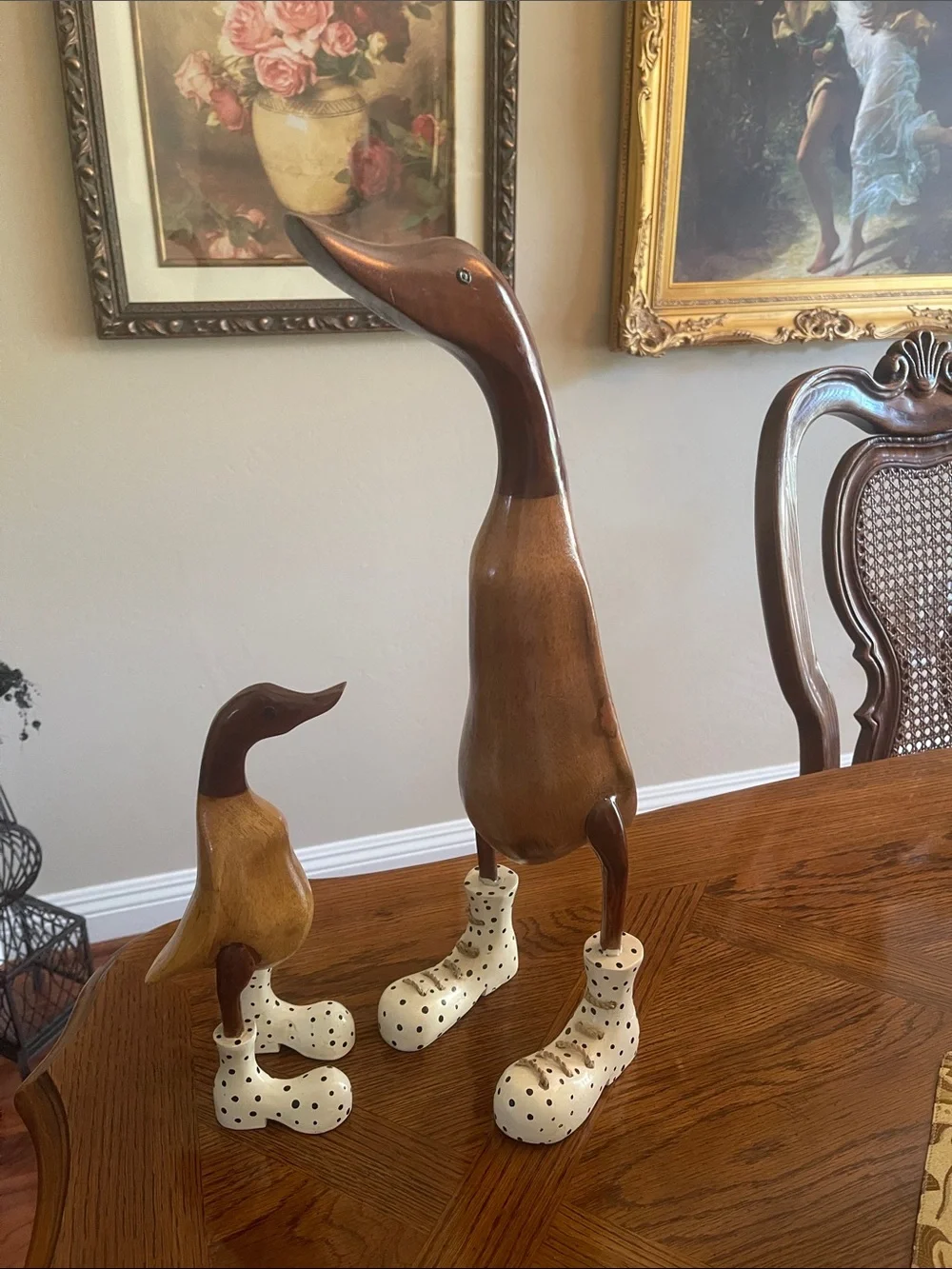 Wooden Duck Figurines with Polka Dot Boots - Brown